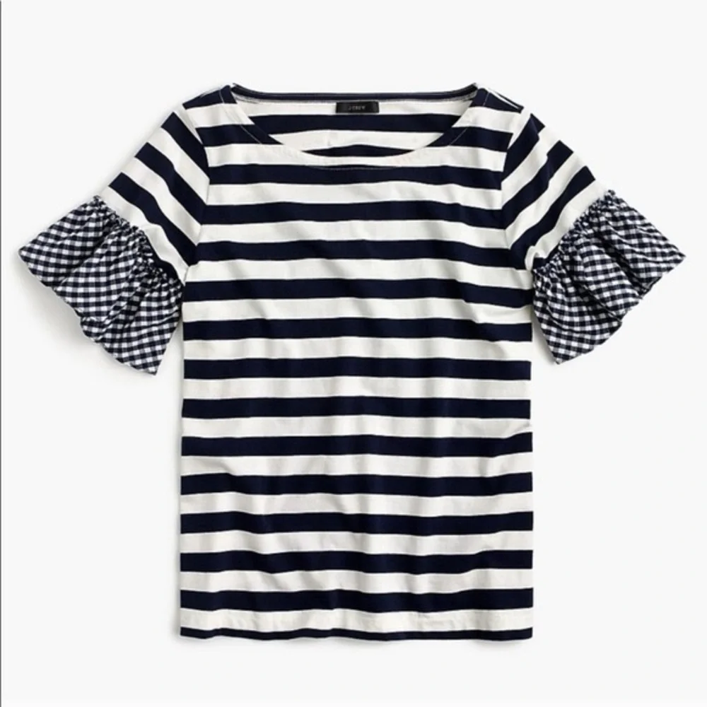J. CREW Navy and White Striped Short Sleeve Tee Gingham Sleeve Size Large GUC